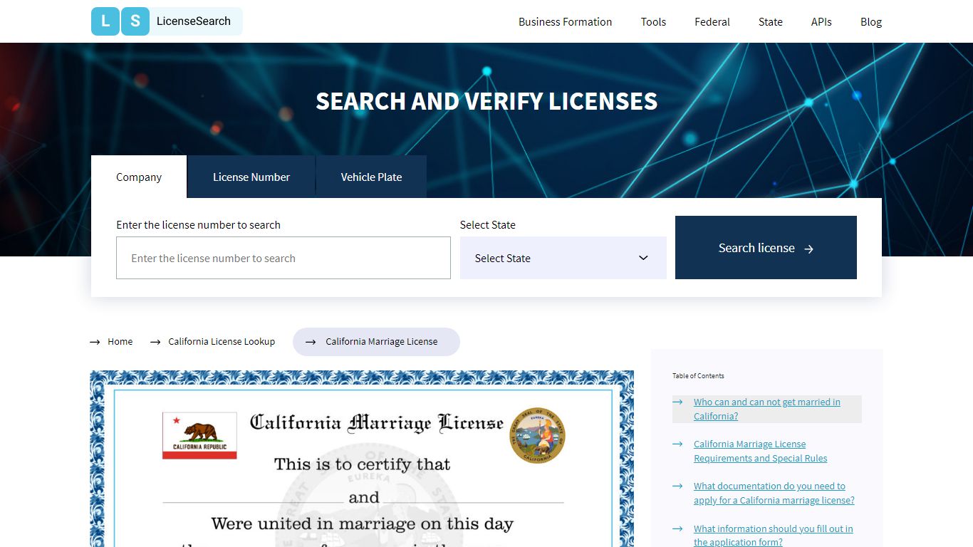 California Marriage License | License Search